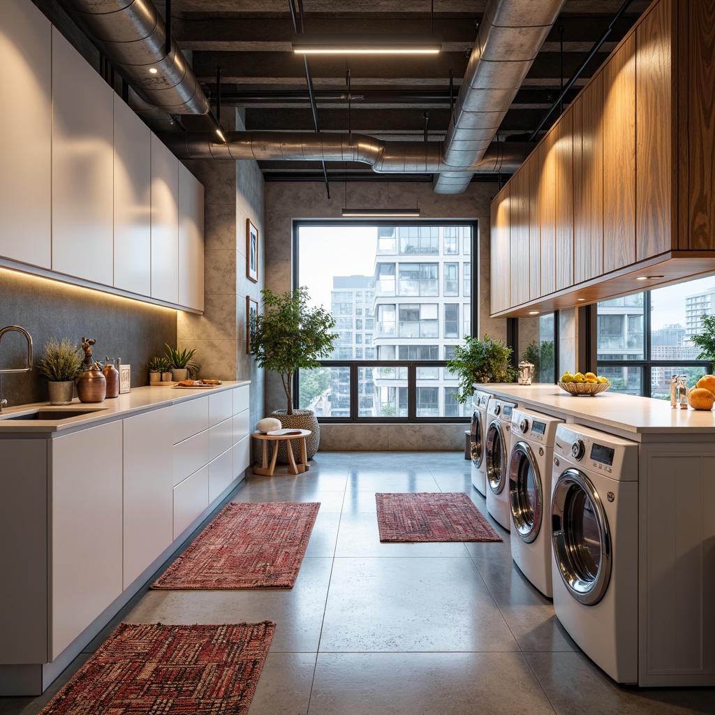 Prompt: Modern laundry room, sleek appliances, white cabinets, quartz countertops, polished chrome fixtures, soft LED lighting, indirect ambient glow, recessed ceiling lights, pendant lamps, warm wood accents, minimalist decor, urban industrial vibe, exposed brick walls, concrete floors, large windows, natural daylight, bright color scheme, bold patterned rugs, functional task lighting, under-cabinet illumination, dramatic shadow effects, 1/1 composition, high-contrast ratio, realistic reflections.