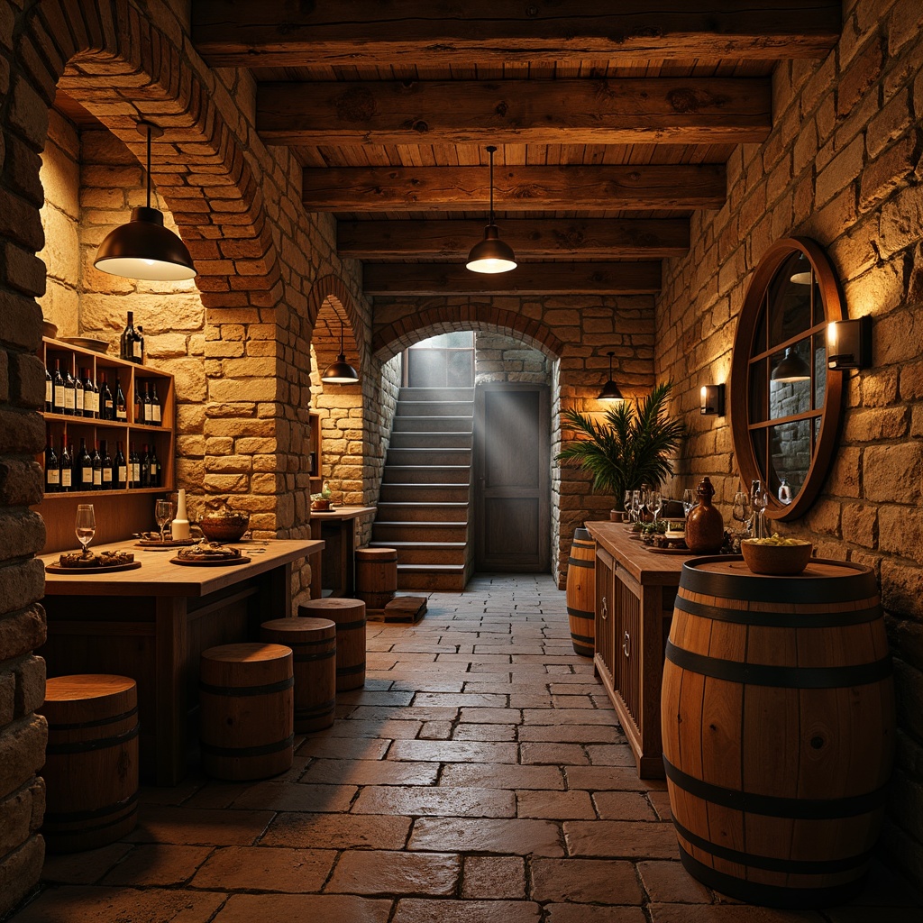 Prompt: Rustic wine cellar, earthy stone walls, reclaimed wooden accents, dim warm lighting, wooden barrel storage, vintage wine bottles, metal lanterns, brick archways, distressed wood flooring, rich leather textures, natural stonework, ambient candlelight, shallow depth of field, 2/3 composition, atmospheric misting.