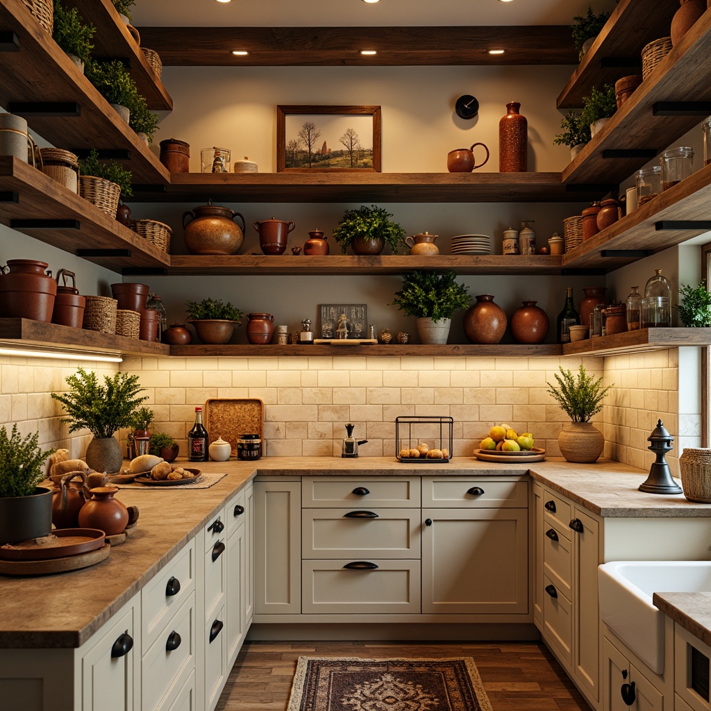 Prompt: Warm pantry interior, rustic wooden shelves, vintage metal bins, earthy terracotta pots, soft warm lighting, cozy atmosphere, natural stone countertops, reclaimed wood accents, creamy white cabinets, matte black hardware, woven wicker baskets, lush greenery, fresh herbs, aromatic spices, rich walnut tones, soothing beige hues, creamy whites, deep blues, warm golden yellows, rustic reds, shallow depth of field, 1/1 composition, realistic textures, ambient occlusion.