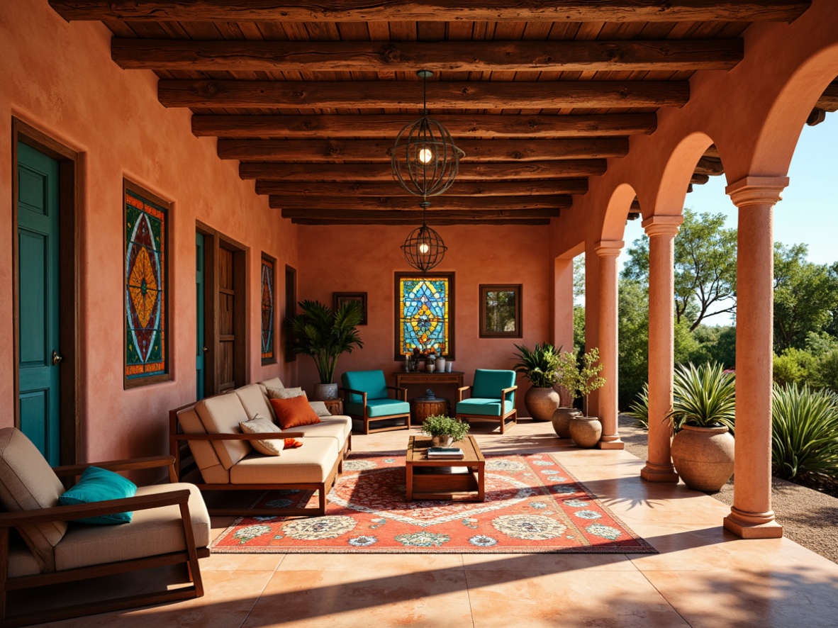 Prompt: Vibrant southwestern villa interior, warm terracotta floors, rustic wooden beams, colorful stained glass windows, ornate metal fixtures, plush furniture, bold patterned rugs, bright turquoise accents, natural stone walls, earthy color palette, warm sunny day, soft diffused lighting, shallow depth of field, 1/2 composition, realistic textures, ambient occlusion.