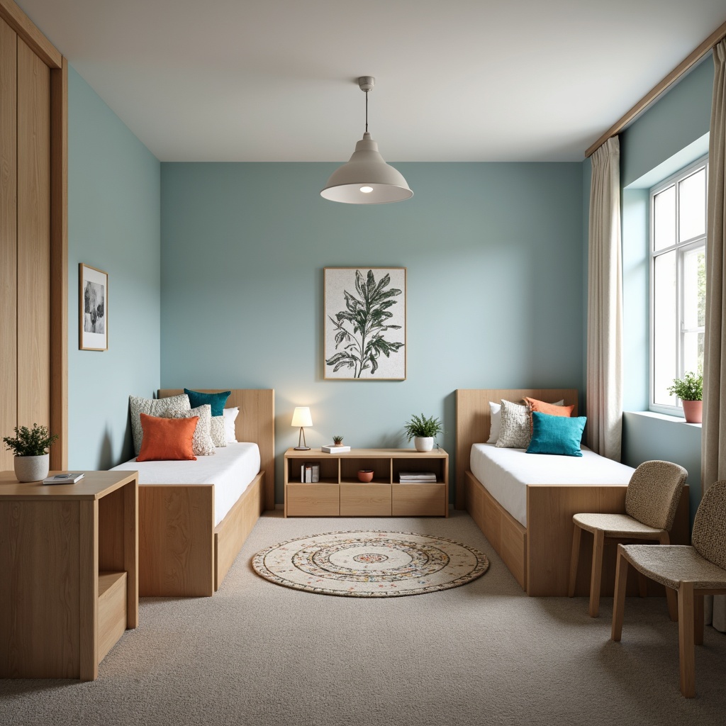 Prompt: Cozy dorm room, soft pastel hues, calming blue walls, warm beige furniture, plush carpeting, natural wood accents, minimal modern decor, desk lamps, comfortable bedding, vibrant accent pillows, relaxing ambiance, softbox lighting, shallow depth of field, 1/1 composition, realistic textures.