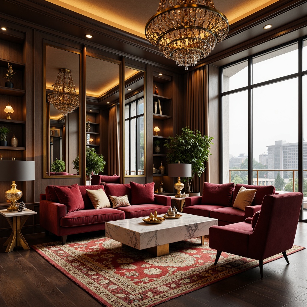 Prompt: Luxurious living room, velvet sofas, golden metallic accents, marble coffee tables, ornate mirrors, crystal chandeliers, plush area rugs, vibrant throw pillows, elegant wall art, rich wood paneling, floor-to-ceiling windows, soft warm lighting, atmospheric shadows, 1/1 composition, realistic reflections, ambient occlusion.