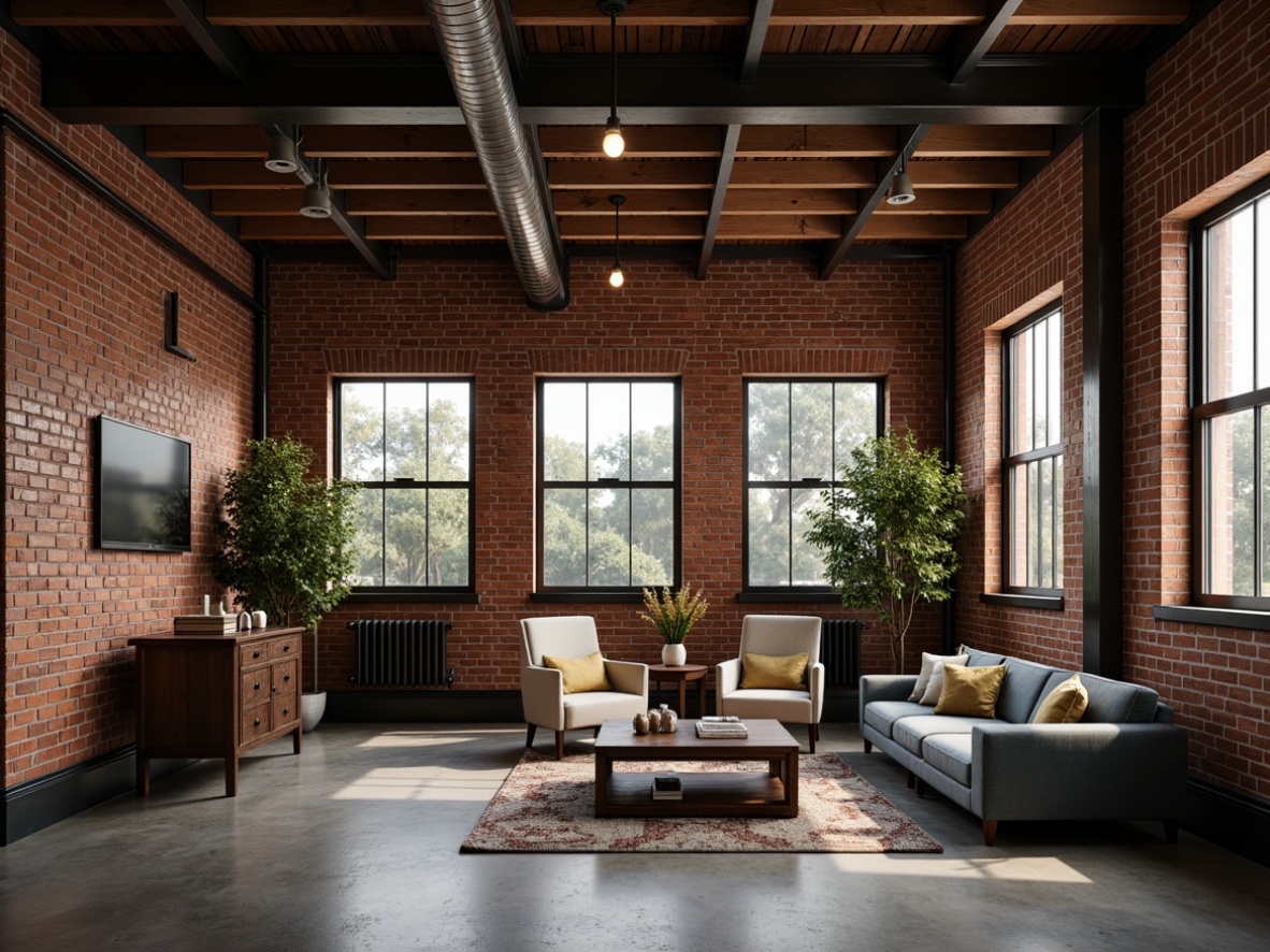 Prompt: Exposed brick walls, industrial metal beams, reclaimed wood accents, vintage factory windows, dimmable LED lighting, warm color temperatures, metal shades, Edison bulbs, concrete floors, urban loft atmosphere, high ceilings, open space, minimalist decor, functional furniture, modern industrial design, atmospheric shadows, dramatic light contrasts, low-key ambient illumination.