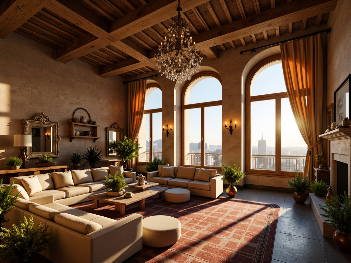 Prompt: Luxurious penthouse, French country style, warm golden lighting, crystal chandeliers, ornate metal fixtures, soft candlelight, grand coved ceilings, rustic wooden beams, natural stone walls, lavish furnishings, velvet drapes, ornate mirrors, elegant staircases, refined architectural details, idyllic city views, morning sunbeams, soft warm glow, shallow depth of field, 1/1 composition, realistic textures, ambient occlusion.