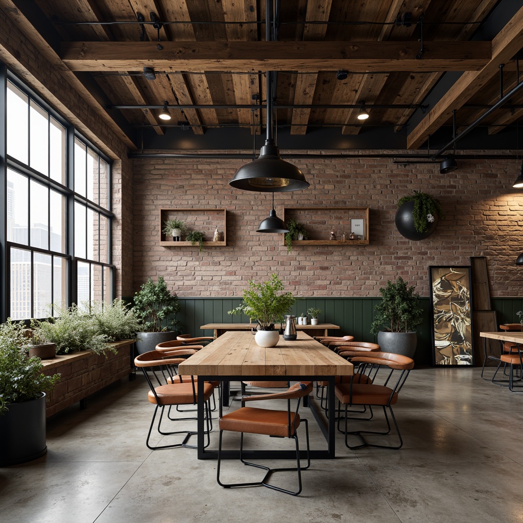 Prompt: Reclaimed wood accents, metal frame structures, distressed leather upholstery, industrial-chic lighting fixtures, exposed brick walls, polished concrete floors, minimalist decor, functional simplicity, neutral color palette, urban loft atmosphere, modern industrial design, reclaimed metal details, vintage manufacturing elements, raw edges, utilitarian aesthetic, sparse greenery, dramatic overhead lighting, 1/1 composition, high-contrast textures, atmospheric misting.