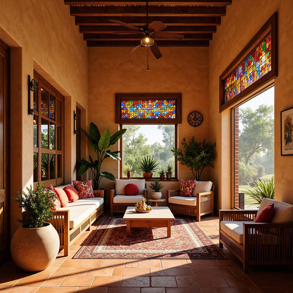 Prompt: Vibrant villa interior, southwestern style decor, stained glass windows, colorful mosaic patterns, warm golden lighting, rustic wooden furniture, earthy terracotta floors, natural stone walls, plush textiles, intricate geometric motifs, Mediterranean-inspired architecture, cozy nooks, intimate seating areas, soft warm color palette, shallow depth of field, 3/4 composition, realistic textures, ambient occlusion.