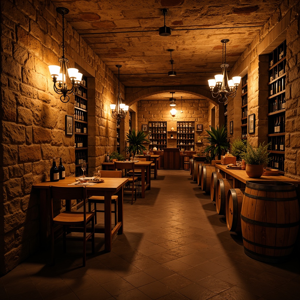 Prompt: Rustic wine cellar, wooden barrels, stone walls, dimly lit ambiance, warm golden lighting, soft candlelight, wrought iron chandeliers, pendant lamps, vintage metal lanterns, earthy color palette, natural stone flooring, wooden crates, wine bottle displays, rich wood tones, cozy seating areas, intimate atmosphere, dramatic shadows, subtle highlights, warm color temperature, low-key illumination.