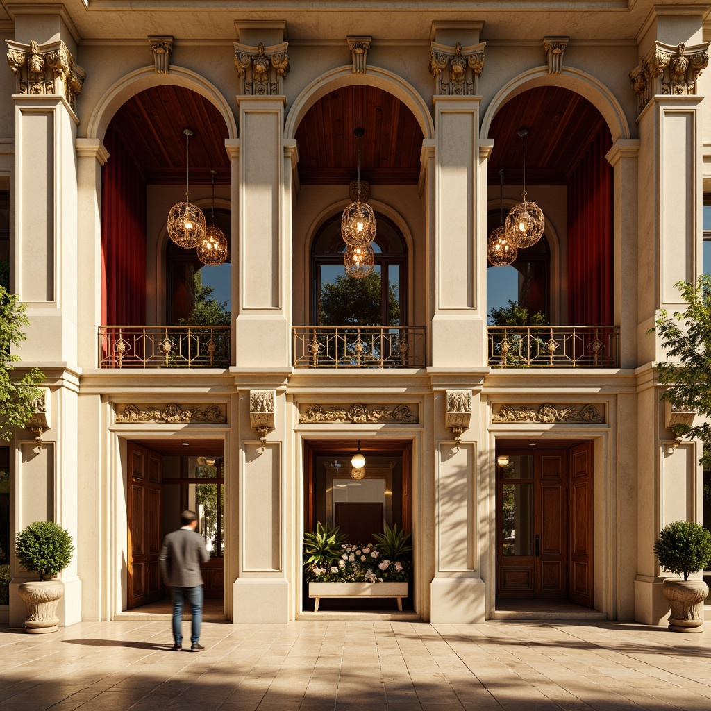 Prompt: Neoclassical building facade, ornate details, grand columns, symmetrical architecture, cream-colored stone walls, richly toned wood accents, gilded ornaments, velvet drapes, crystal chandeliers, intricate moldings, warm beige marble floors, soft golden lighting, high contrast ratio, 1/2 composition, dramatic shadows, realistic textures, ambient occlusion.