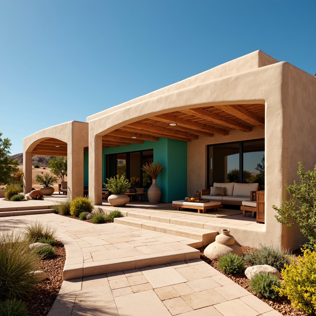 Prompt: Earth-toned villa, southwestern style, stucco exterior, curved lines, terracotta roof tiles, warm beige walls, vibrant turquoise accents, desert landscape, cactus plants, sandy dunes, hot sunny day, clear blue sky, large windows, sliding glass doors, rustic wooden beams, natural stone flooring, woven textiles, earthy ceramics, ambient warm lighting, shallow depth of field, 3/4 composition, panoramic view, realistic textures, ambient occlusion.