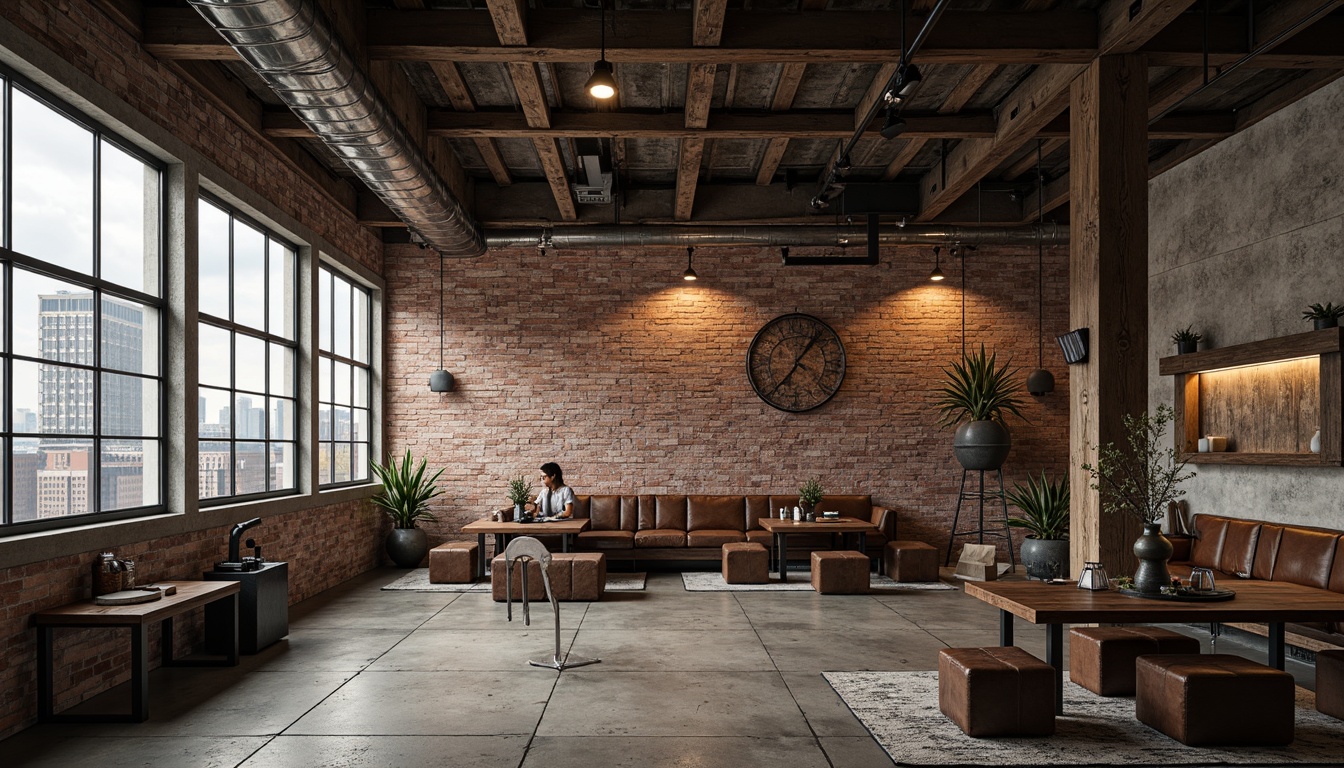 Prompt: Rustic industrial background, distressed brick walls, metal beams, exposed ductwork, reclaimed wood accents, concrete floors, urban cityscape, cloudy grey sky, warm industrial lighting, shallow depth of field, 2/3 composition, gritty textures, ambient occlusion, earthy tones, weathered steel, worn leather, vintage machinery, modern minimalist decor, functional fixtures, industrial chic aesthetic.