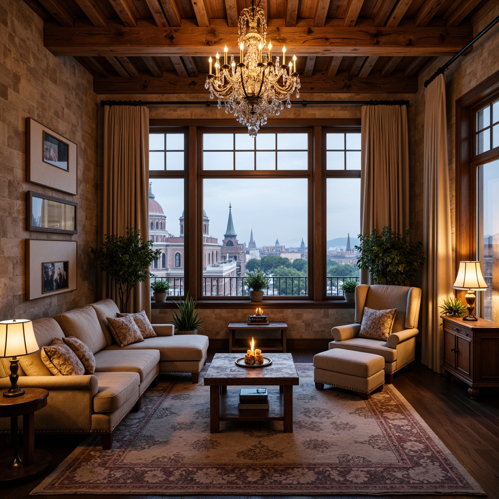 Prompt: Luxurious penthouse, French country style, soft warm lighting, ornate chandeliers, candlelight ambiance, rustic wooden beams, stone walls, vintage furniture, plush carpets, rich fabrics, natural textures, elegant drapes, floor-to-ceiling windows, panoramic city views, cozy reading nooks, intimate seating areas, warm color palette, golden accents, crystal fixtures, layered lighting effects, warm white tones, soft shadows, 1/2 composition, shallow depth of field, realistic reflections.