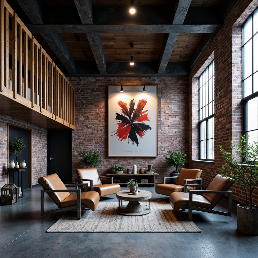 Prompt: Exposed brick walls, metal beams, reclaimed wood accents, industrial-chic lighting fixtures, minimalist decor, urban loft atmosphere, distressed leather upholstery, metallic frames, functional storage units, ergonomic seating, modern coffee tables, edgy decorative accessories, moody color palette, dramatic shadows, high ceilings, open space layout, rustic wooden crates, vintage manufacturing equipment, steel blue tones, weathered concrete floors, abstract industrial artwork.