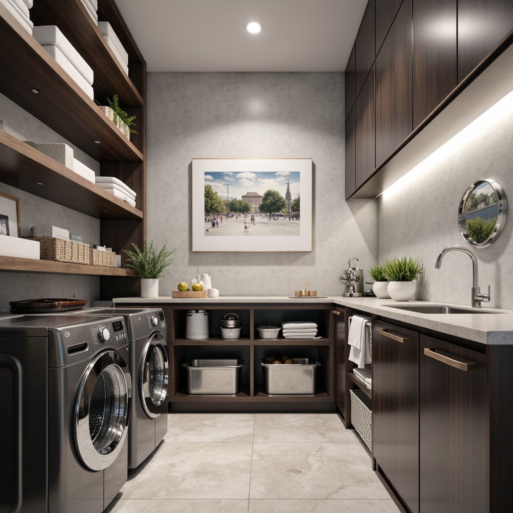 Prompt: Modern laundry room, sleek storage cabinets, stainless steel shelving, pull-out drying racks, retractable ironing boards, built-in folding tables, LED lighting, minimalist design, eco-friendly materials, soft-close drawers, hidden outlets, smart home integration, compact washer and dryer, large capacity storage bins, sliding baskets, chrome accents, reflective surfaces, 3/4 composition, shallow depth of field, realistic textures, ambient occlusion.