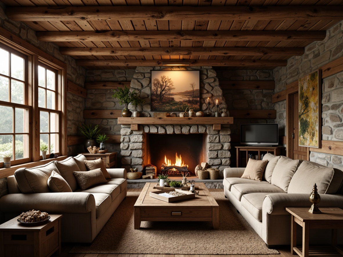 Prompt: Rustic cabin interior, wooden accents, natural textures, earthy tones, vintage furniture pieces, distressed wood finishes, comfortable plush sofas, woven baskets, antique metalware, candlelight ambiance, warm fireplace, stone walls, exposed beams, wooden flooring, nature-inspired artwork, soft warm lighting, shallow depth of field, 3/4 composition, realistic textures, ambient occlusion.