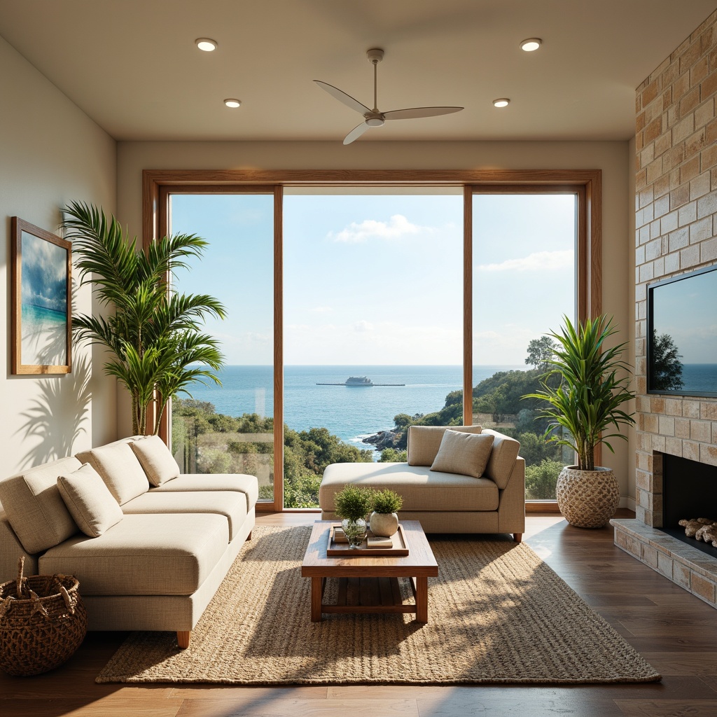 Prompt: Coastal-themed living room, soft sandy beige walls, driftwood accents, ocean-inspired blue and green hues, plush sectional sofa, natural linen upholstery, woven jute rug, rustic wooden coffee table, nautical rope details, potted palm trees, floor-to-ceiling windows, breathtaking ocean views, warm sunny daylight, soft gentle breeze, 1/1 composition, symmetrical balance, realistic textures, ambient occlusion.