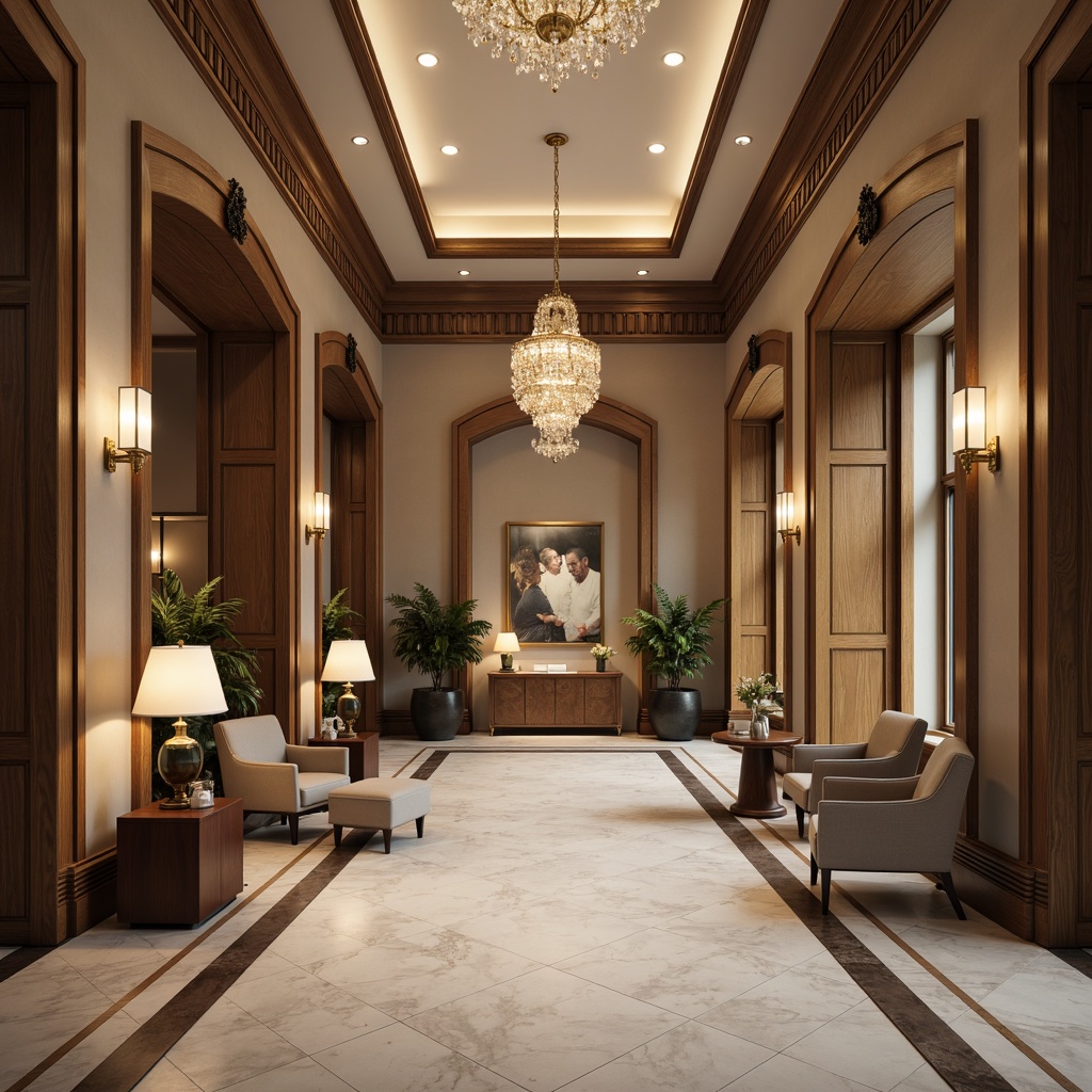 Prompt: Elegant banking hall, high ceilings, ornate moldings, polished marble floors, wooden accents, brass fixtures, crystal chandeliers, sconce lighting, table lamps, floor lamps, minimalist decorative elements, neutral color palette, sophisticated ambiance, soft warm glow, subtle shading, 1/1 composition, realistic textures, ambient occlusion.