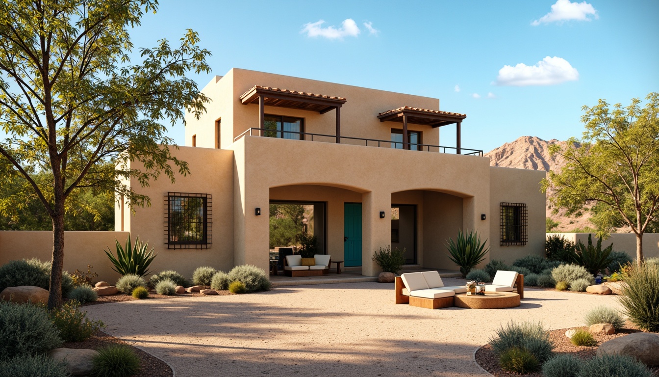 Prompt: Earthy villa, southwestern style, warm beige stucco, terracotta roof tiles, wooden accents, rustic doors, ornate ironwork, vibrant turquoise accents, desert flora, cacti, sandy terrain, clear blue sky, warm sunlight, soft shadows, 1/2 composition, realistic textures, ambient occlusion.