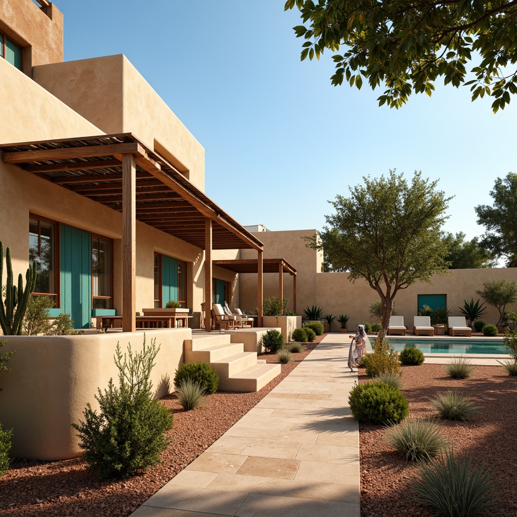 Prompt: Earthy villa, warm beige stucco exterior, turquoise accents, rusty metal roofs, wooden beam ceilings, natural stone fireplaces, terracotta tile floors, vibrant desert flora, cacti plants, sandy dunes, clear blue skies, warm sunny days, soft golden lighting, shallow depth of field, 3/4 composition, panoramic view, realistic textures, ambient occlusion.