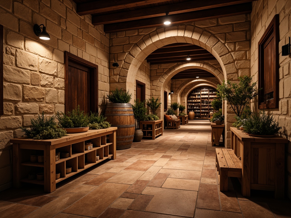 Prompt: Rustic wine cellar, natural stone flooring, reclaimed wood planks, earthy tone terracotta tiles, distressed wooden crates, vintage metal accents, dim warm lighting, rich wood tones, stone walls, arched doorways, wooden barrels, wine racks, rustic metalwork, soft focused photography, 1/2 composition, warm color palette, ambient occlusion.