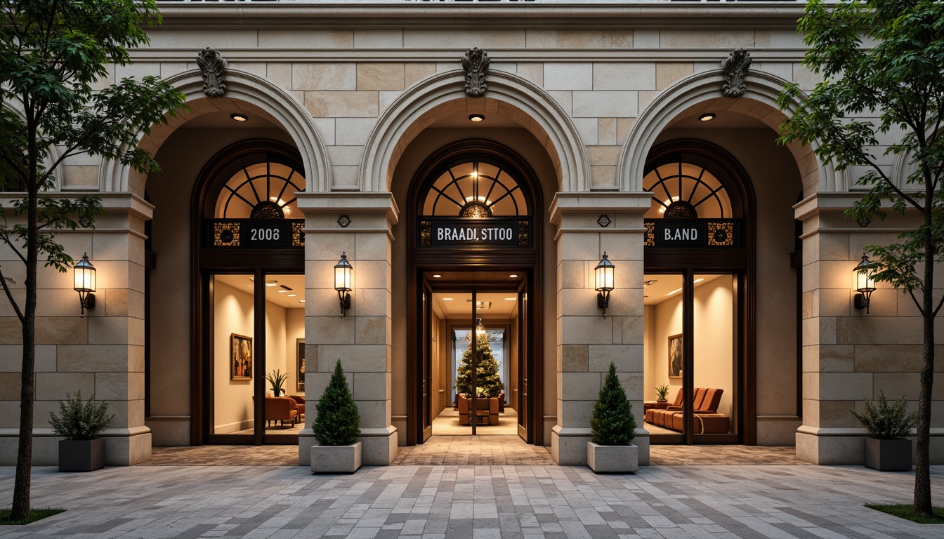 Prompt: Elegant bank facade, grand entrance, ornate details, classic columns, rusticated stonework, symmetrical composition, large windows, arched tops, stained glass, subtle ornamentation, natural stone cladding, earthy color palette, soft warm lighting, shallow depth of field, 2/3 composition, realistic textures, ambient occlusion, luxurious interior design, rich wood accents, sophisticated metalwork.