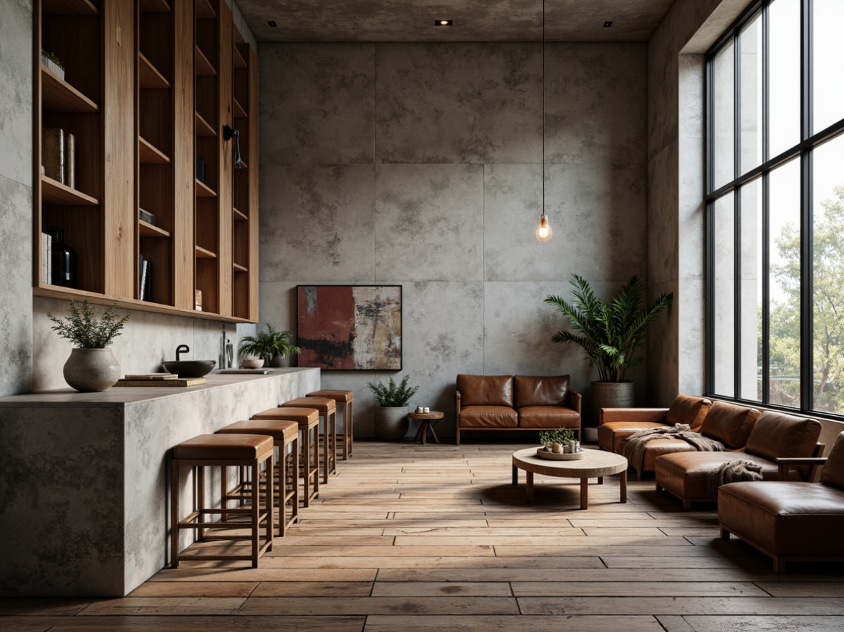 Prompt: Exposed concrete walls, industrial chic aesthetic, rough-hewn wooden accents, matte black metal frames, reclaimed wood flooring, distressed leather upholstery, natural stone countertops, earthy color palette, minimalist decor, atmospheric lighting, soft shadows, 1/1 composition, shallow depth of field, realistic textures, ambient occlusion.