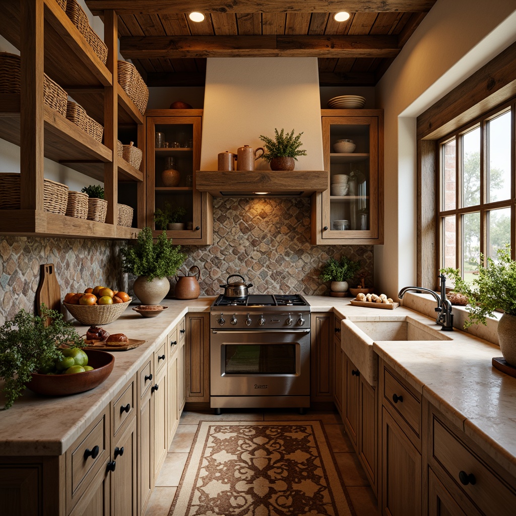 Prompt: Warm Mediterranean pantry, rustic wooden shelves, woven baskets, ceramic tiles, distressed finishes, earthy color palette, natural stone countertops, ornate metal hardware, vintage-inspired appliances, soft warm lighting, shallow depth of field, 3/4 composition, realistic textures, ambient occlusion.