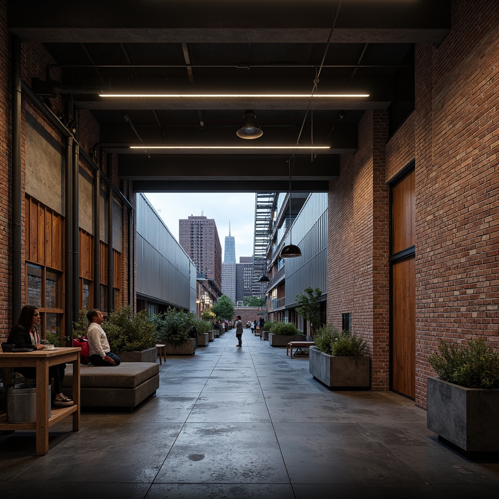 Prompt: Exposed brick walls, metal beams, industrial pipes, reclaimed wood accents, urban cityscape, gritty textures, weathered metallic surfaces, distressed finishes, moody atmospheric lighting, low-key color palette, muted earth tones, deep blues, industrial greys, rusty oranges, worn concrete floors, functional design elements, utilitarian aesthetic, brutalist architecture, dramatic shadows, high-contrast lighting, cinematic composition, realistic renderings.