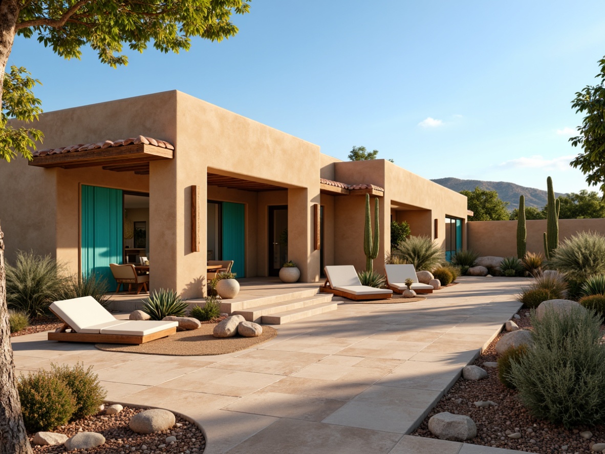 Prompt: Earth-toned villa, southwestern style, stucco exterior, warm beige walls, rustic wooden doors, vibrant turquoise accents, terracotta roof tiles, lush cacti, desert landscape, sunny day, clear blue sky, vast open space, cozy outdoor seating area, natural stone pathways, earthy brown floors, soft warm lighting, shallow depth of field, 3/4 composition, panoramic view, realistic textures, ambient occlusion.