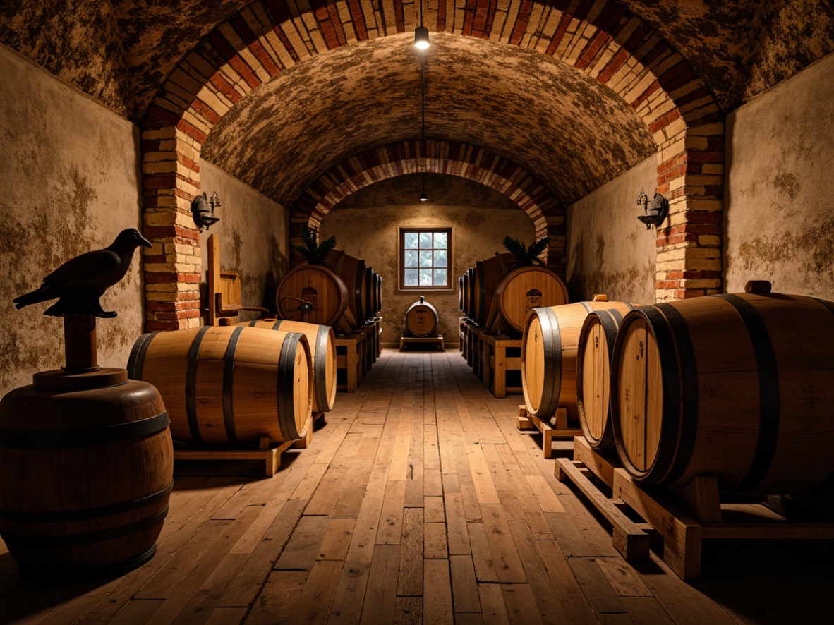 Prompt: Rustic wine cellar, reclaimed wood flooring, distressed wooden planks, earthy tone, natural stone walls, dim warm lighting, wooden barrels, vintage wine-making equipment, rustic metal accents, brick arches, cozy atmosphere, intimate setting, soft warm glow, shallow depth of field, 1/1 composition, realistic textures, ambient occlusion.