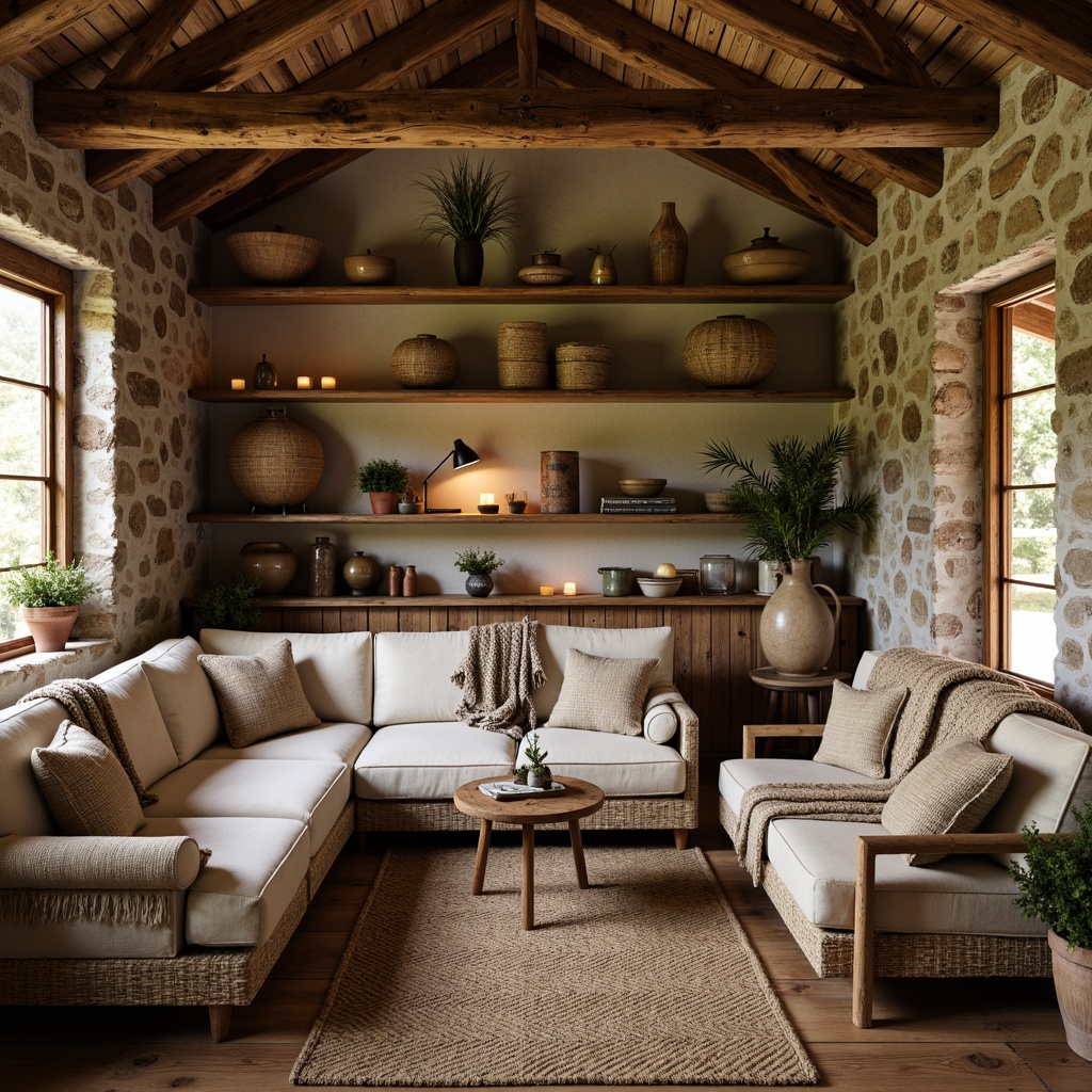 Prompt: Rustic cabin, wooden accents, natural textures, earthy color palette, woven baskets, jute rugs, linen upholstery, burlap fabrics, distressed wood furniture, vintage decor, candle lighting, cozy atmosphere, warm beige tones, soft velvet pillows, chunky knit throws, organic patterns, nature-inspired motifs, rough-hewn stone walls, reclaimed wood ceilings, rustic metal accents, country-style accessories, warm inviting ambiance, soft natural light, 1/1 composition, intimate setting, realistic textures.