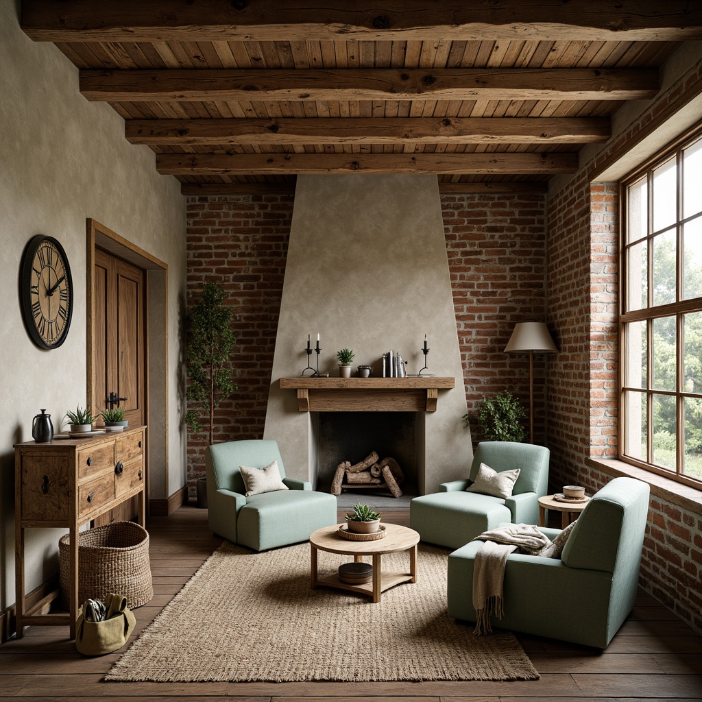 Prompt: Rustic farmhouse interior, eclectic decor, vintage furniture, distressed wood accents, earthy color palette, warm beige tones, soft sage greens, muted blues, weathered metal fixtures, woven textiles, natural fiber rugs, reclaimed wooden beams, exposed brick walls, cozy reading nooks, plush velvet armchairs, decorative antique accessories, warm candlelight, softbox lighting, 1/2 composition, shallow depth of field, realistic textures, ambient occlusion.