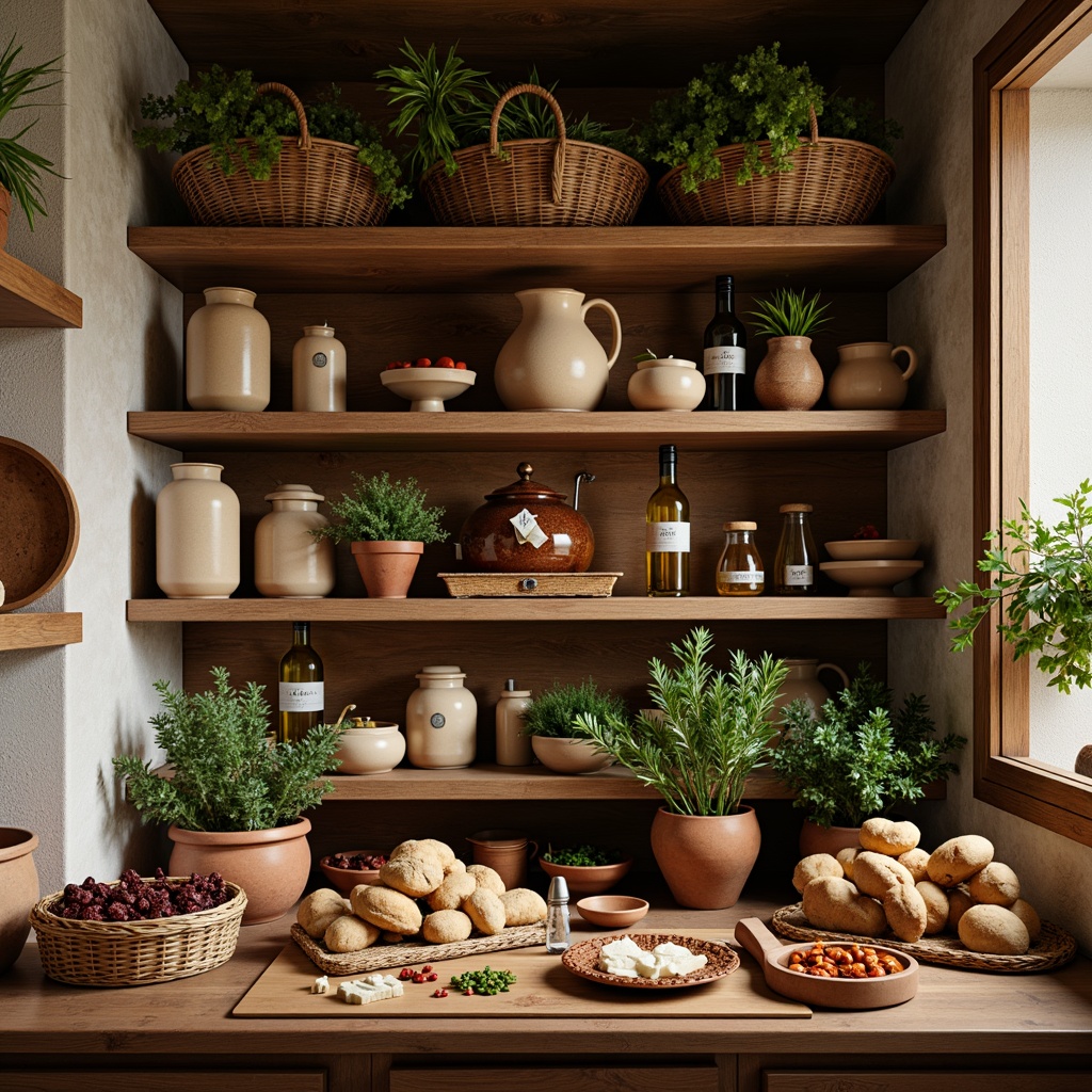 Prompt: Warm Mediterranean pantry, rustic wooden shelves, ceramic jars, olive oil dispensers, woven baskets, copper accents, terra cotta pots, aromatic herbs, sun-dried tomatoes, Kalamata olives, feta cheese, artisanal breads, rich wood tones, soft warm lighting, 1/1 composition, shallow depth of field, realistic textures.