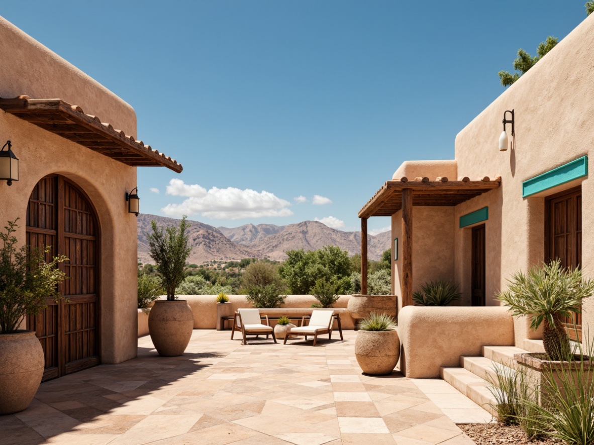 Prompt: Adobe earth tones, rustic stucco walls, wooden accents, ornate ironwork, terracotta roof tiles, vibrant turquoise accents, desert flora, cacti, sandy dunes, warm sunny day, clear blue sky, vast open space, curved archways, hacienda-style architecture, earthy color palette, distressed wood doors, wrought iron lanterns, Southwestern patterns, geometric motifs, organic textures, ambient occlusion, shallow depth of field, 3/4 composition, panoramic view.