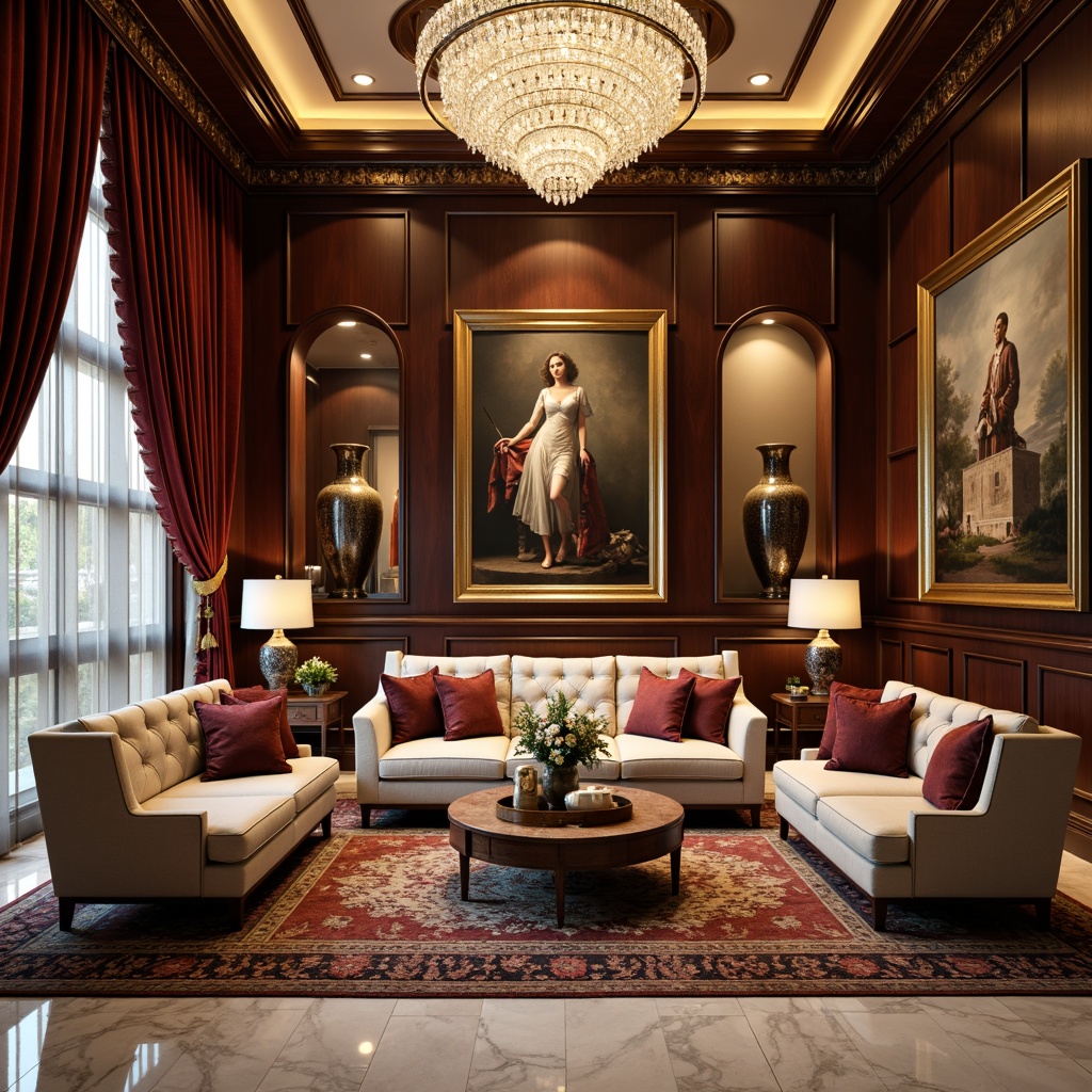 Prompt: Luxurious velvet drapes, ornate golden frames, crystal chandeliers, lavish marble floors, elegant wooden panels, sophisticated metallic accents, plush area rugs, refined ceramic vases, exquisite hand-painted murals, dramatic floor-to-ceiling curtains, opulent tufted sofas, richly textured throw pillows, statement wall art pieces, warm ambient lighting, soft focus blur, 1/2 composition, shallow depth of field.