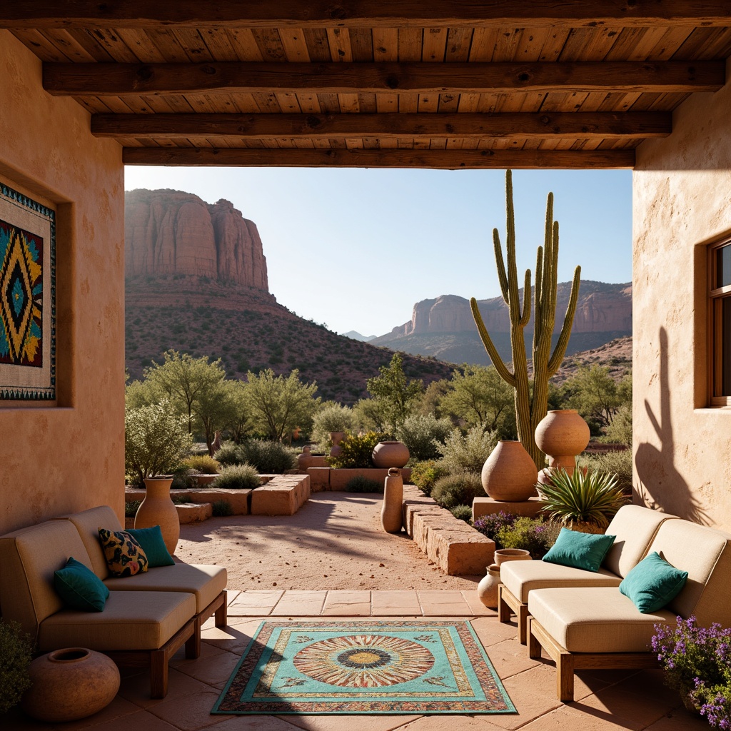 Prompt: Vibrant turquoise accents, rustic wooden beams, earthy adobe walls, intricate Native American patterns, colorful woven textiles, traditional pottery displays, warm desert lighting, soft sandy dunes, majestic cacti silhouettes, arid landscape vistas, Pueblo Revival architecture, hand-carved wooden furniture, geometric tile work, bold red rock formations, authentic tribal artifacts, sunny afternoon ambiance, low-angle photography, warm golden hour lighting, shallow depth of field, 2/3 composition.