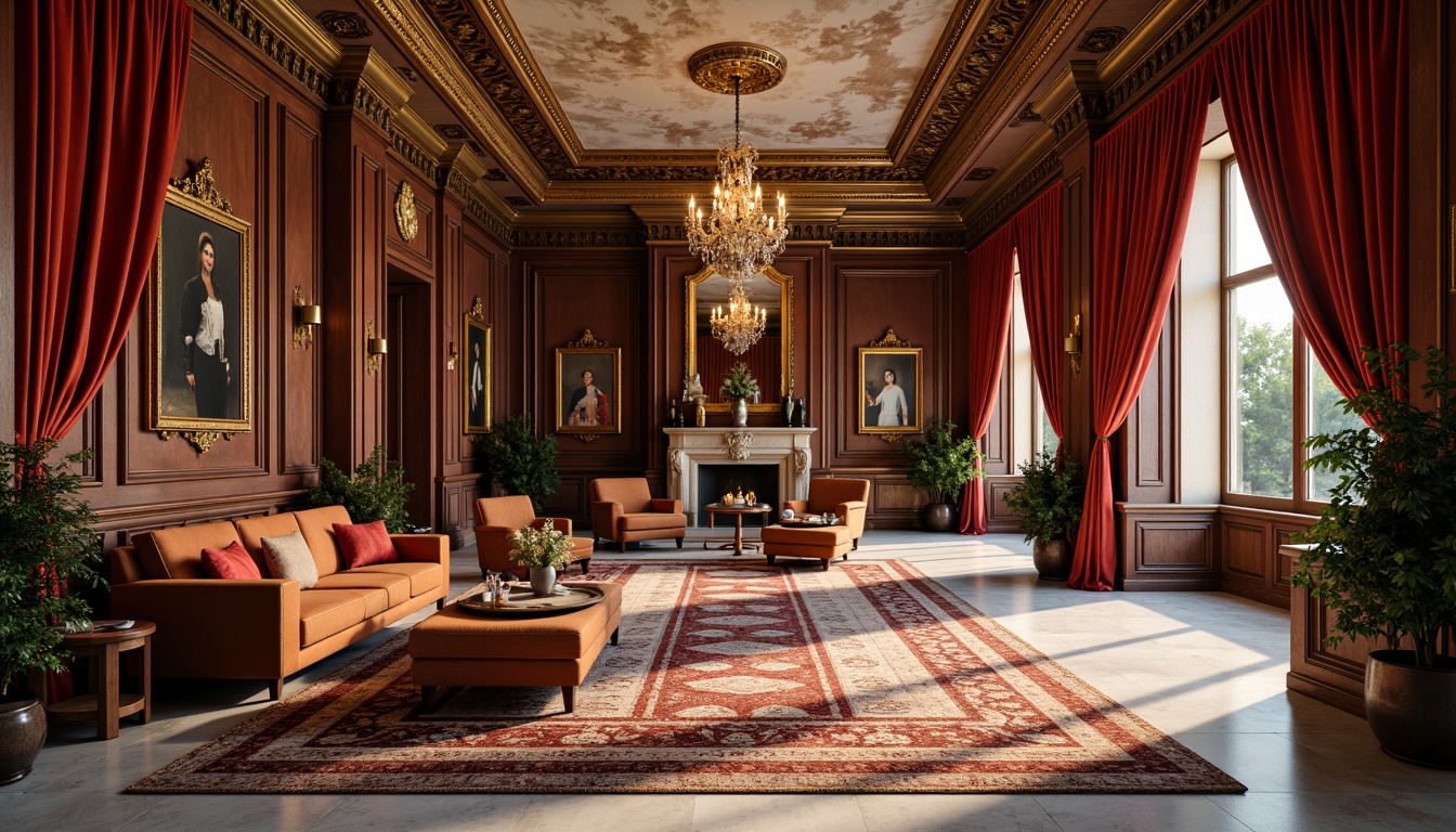 Prompt: Luxurious velvet fabrics, intricately carved wooden paneling, ornate gilded mirrors, grand chandeliers, lavish furnishings, richly patterned rugs, opulent drapery, majestic stone fireplaces, highly polished marble floors, elaborate fresco ceilings, dramatic lighting effects, warm golden color schemes, soft focus, shallow depth of field, 1/2 composition, symmetrical framing, realistic textures, subtle ambient occlusion.