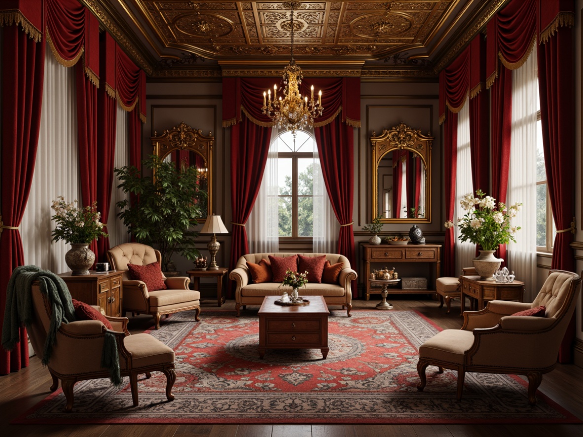 Prompt: Opulent craft room, rich velvet drapes, intricately carved wooden furniture, gilded mirrors, ornate chandeliers, luxurious fabrics, lavish textiles, golden accents, delicate lace trimmings, antique artifacts, ornamental vases, grandiose architecture, high ceilings, arched windows, dramatic lighting, warm candlelight, shallow depth of field, 1/1 composition, intimate atmosphere, realistic wood grains, ambient occlusion.