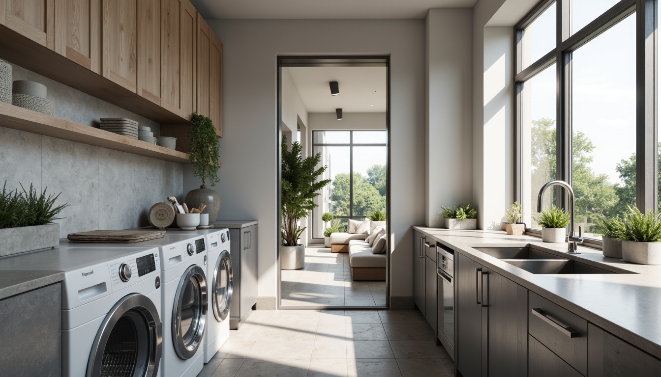 Prompt: Modern laundry room, durable quartz countertops, glossy finish, subtle gray tone, stainless steel appliances, sleek cabinetry, ample storage space, built-in washer and dryer, utility sink, chrome faucet, porcelain flooring, soft natural light, gentle shadows, 3/4 composition, shallow depth of field, realistic textures.