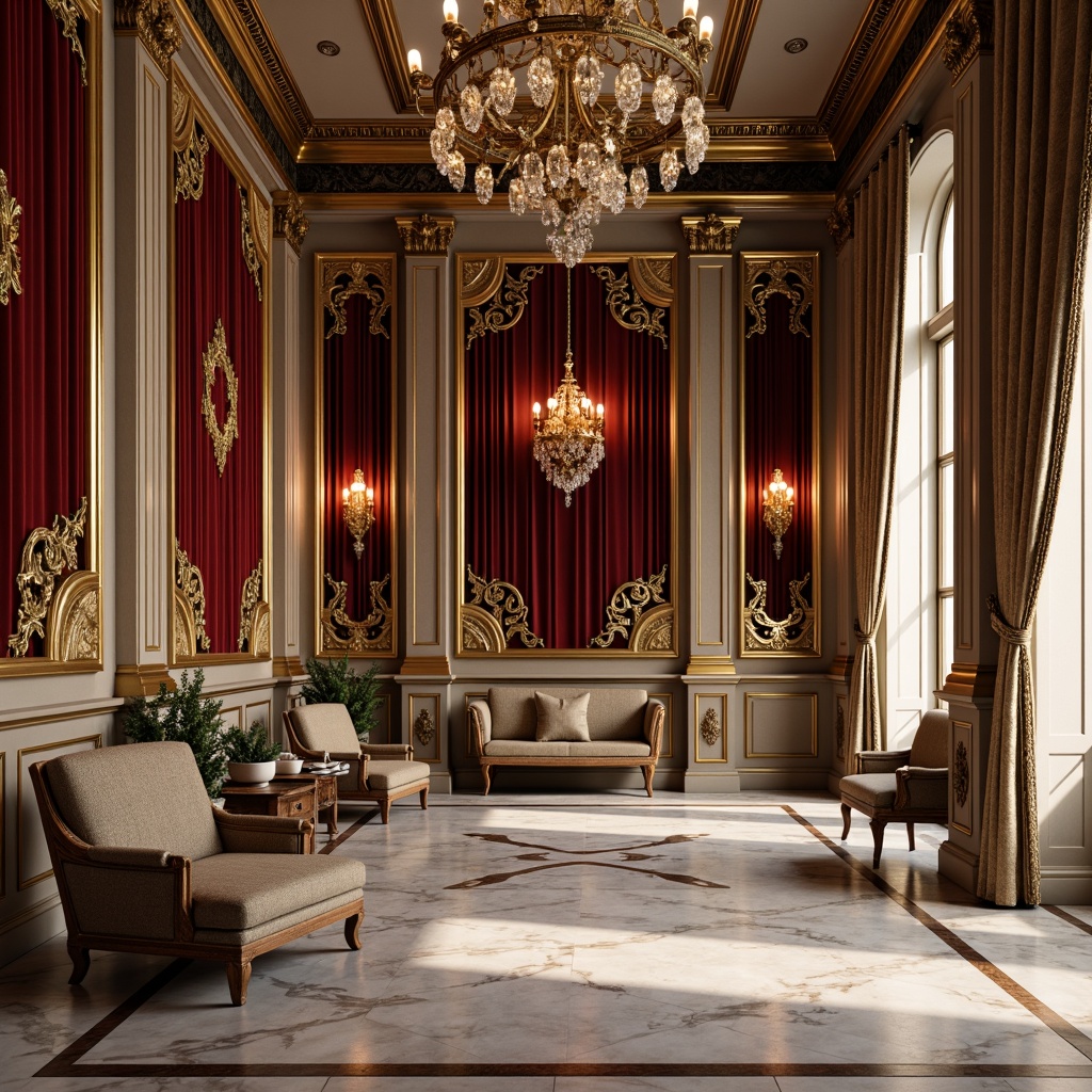 Prompt: Elegant neoclassical interior, rich velvet fabrics, ornate golden frames, intricate embroidery patterns, luxurious silk drapes, majestic crystal chandeliers, refined marble floors, classic columns, subtle Rococo influences, soft warm lighting, shallow depth of field, 1/1 composition, realistic textures, ambient occlusion.