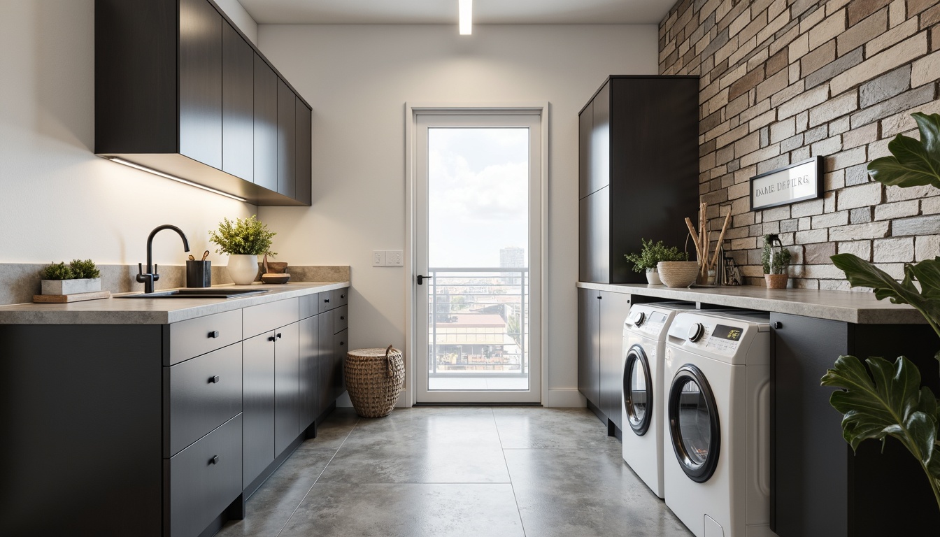 Prompt: Laundry room interior, durable countertops, scratch-resistant surfaces, glossy finishes, stainless steel appliances, modern cabinetry, soft-close drawers, built-in sinks, soapstone or quartz materials, matte black faucets, industrial-style lighting, concrete flooring, urban loft aesthetic, natural stone accents, bright white walls, airy feel, shallow depth of field, 1/1 composition, realistic textures, ambient occlusion.