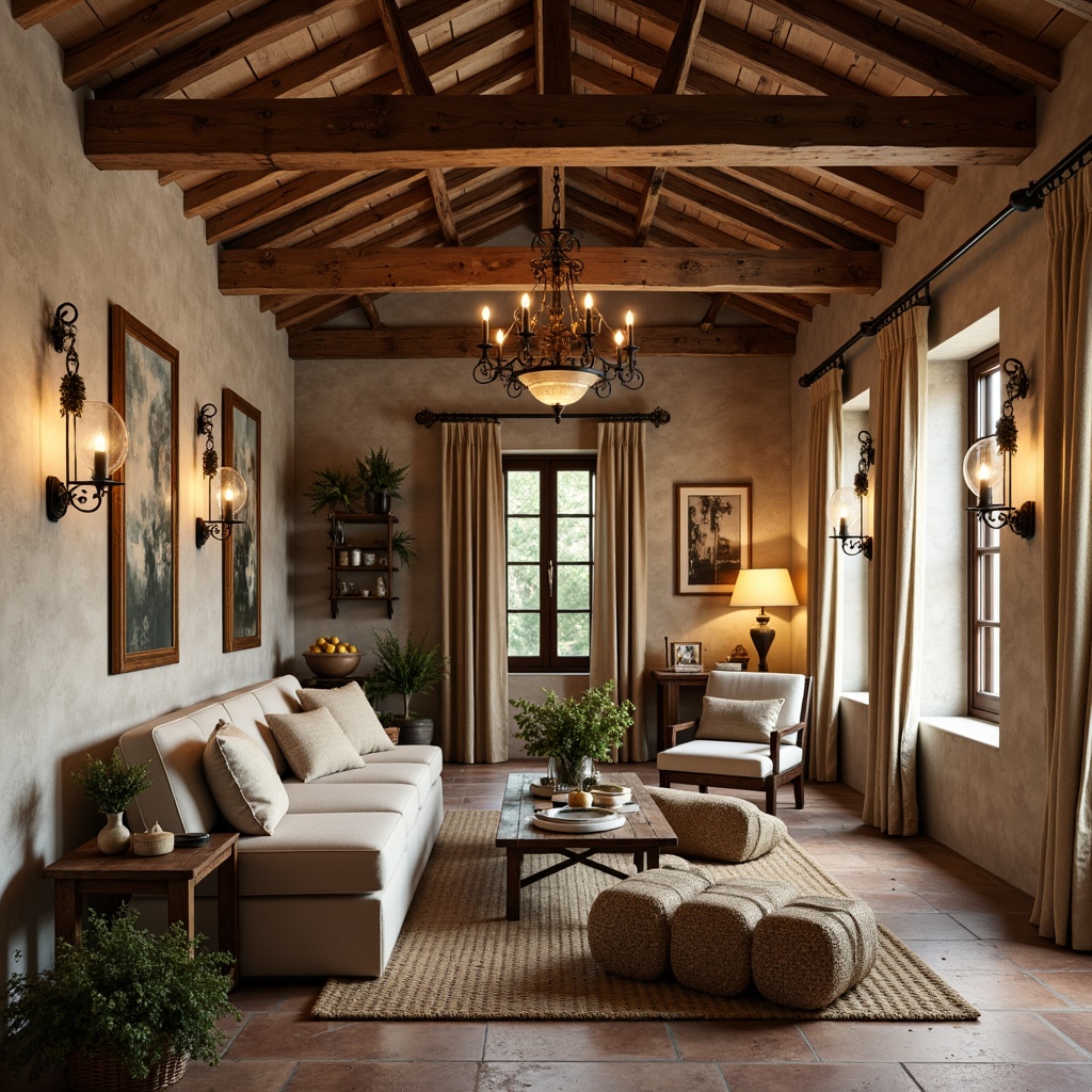 Prompt: Rustic French country cottage, distressed wood beams, soft warm lighting, vintage metal chandeliers, mercury glass pendants, candle-inspired sconces, linen-shaded table lamps, natural linen fabrics, earthy terracotta tones, weathered stone walls, reclaimed wood accents, ornate metalwork details, subtle distressed finishes, soft golden hues, warm cozy ambiance, relaxed countryside atmosphere, 1/1 composition, shallow depth of field, soft focus effect.