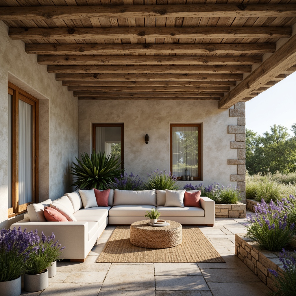 Prompt: Rustic French farmhouse, distressed wooden beams, soft creamy whites, warm beige tones, rich terracotta reds, muted blues, vintage gold accents, natural linen fabrics, earthy stone walls, lush greenery, blooming lavender, sunny afternoon, soft warm lighting, shallow depth of field, 1/2 composition, realistic textures, ambient occlusion.