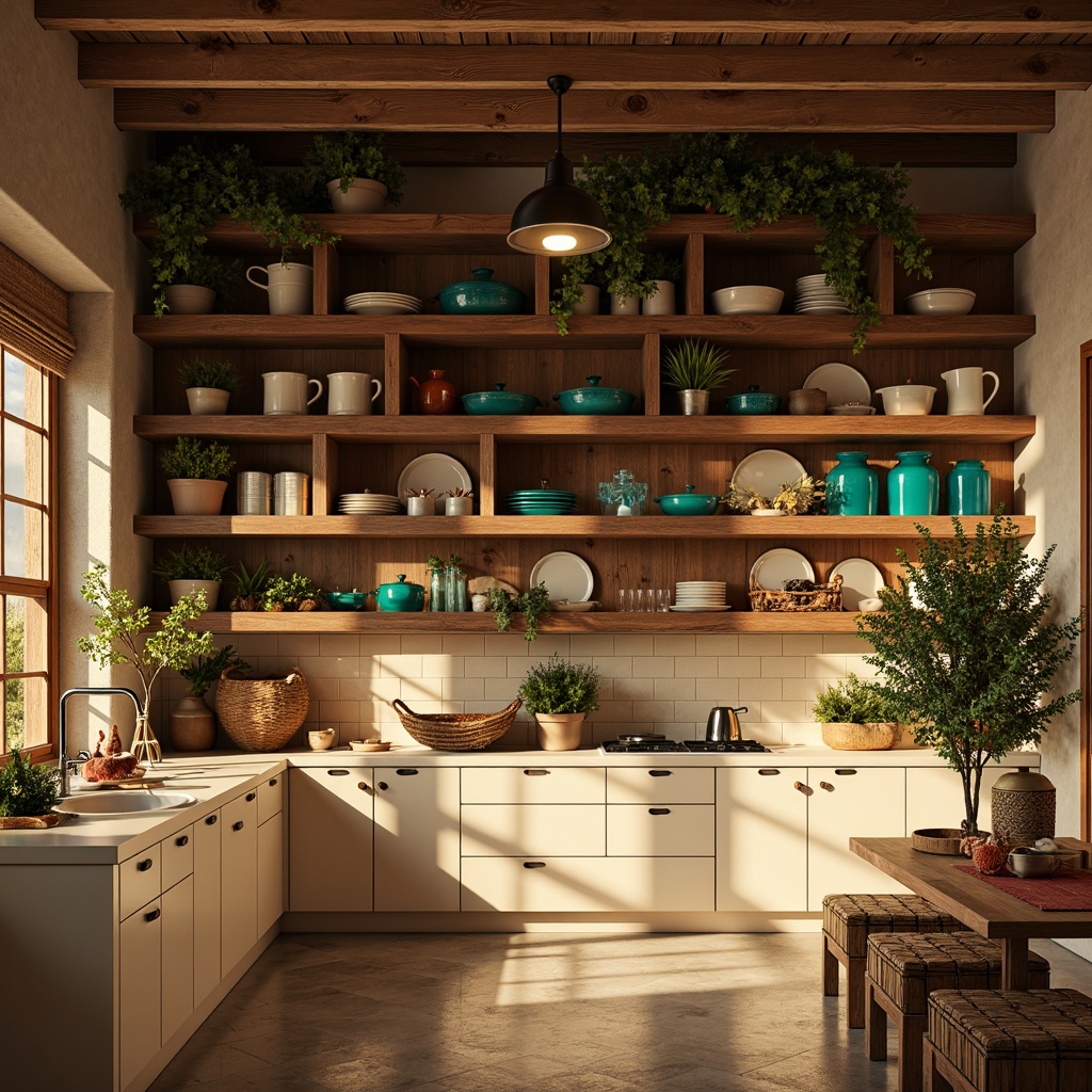 Prompt: Warm golden lighting, rustic wooden shelves, vintage metal bins, earthy terracotta pots, soft beige countertops, warm cream cabinets, rich walnut accents, bright turquoise glassware, matte black fixtures, natural woven baskets, cozy throw blankets, scented candles, ambient shadows, shallow depth of field, 1/1 composition, realistic textures.