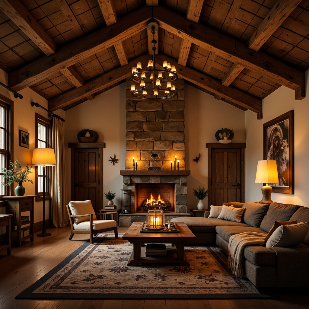 Prompt: Rustic wooden beams, earthy tone walls, vintage metal lanterns, candlelight ambiance, warm golden lighting, table lamps with burlap shades, wrought iron chandeliers, natural stone fireplaces, distressed wood furniture, cozy throw blankets, soft warm glow, shallow depth of field, 1/1 composition, realistic textures, ambient occlusion.