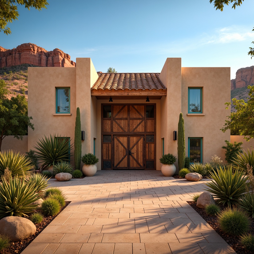 Prompt: Earthy southwestern villa, warm beige stucco exterior, terracotta roof tiles, rustic wooden doors, ornate metalwork, vibrant turquoise accents, sunny desert landscape, cacti and succulents, red rock formations, clear blue sky, warm golden lighting, shallow depth of field, 1/1 composition, realistic textures, ambient occlusion.