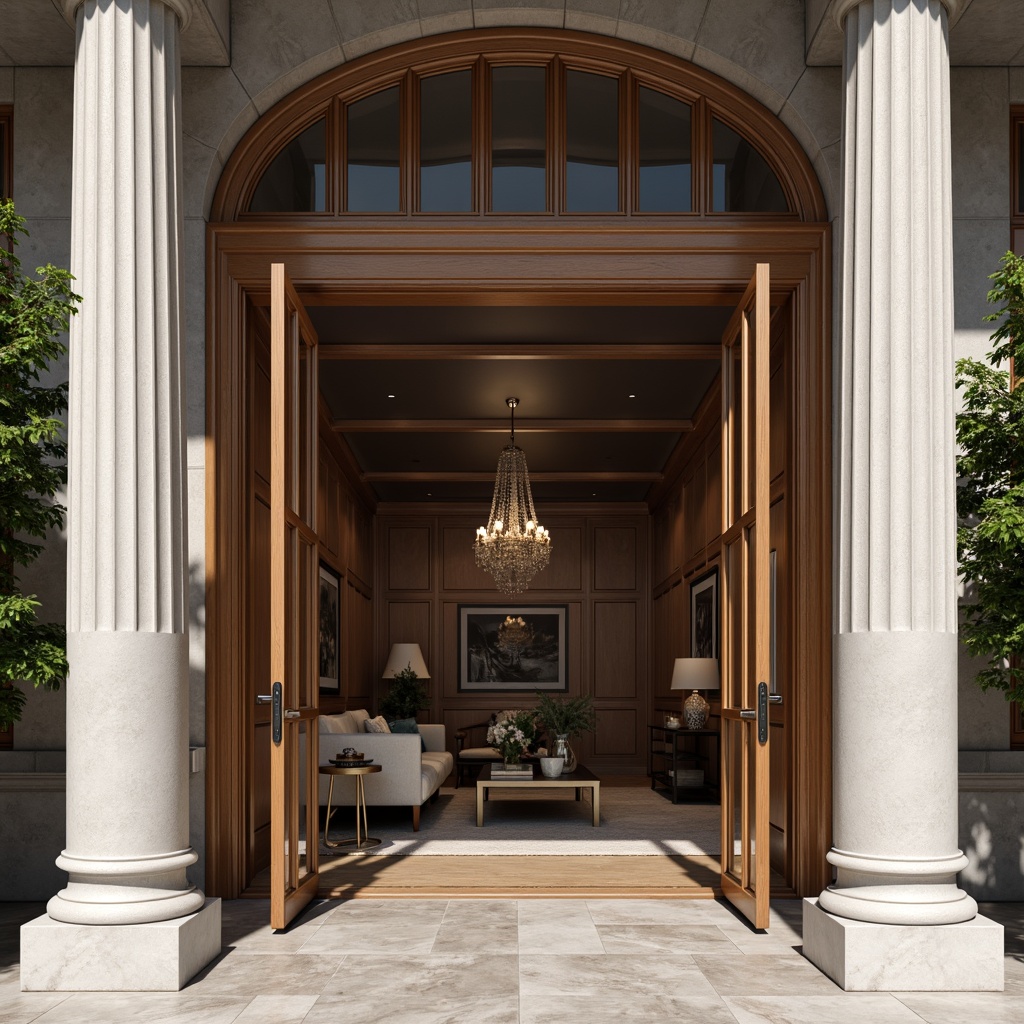 Prompt: Elegant neoclassical facade, ornate columns, ionic capitals, symmetrical composition, grand entrance, wooden double doors, decorative door handles, stone or marble flooring, high ceilings, crystal chandeliers, formal living room, rich wood paneling, neutral color palette, subtle textures, soft natural lighting, shallow depth of field, 1/1 composition, realistic rendering.