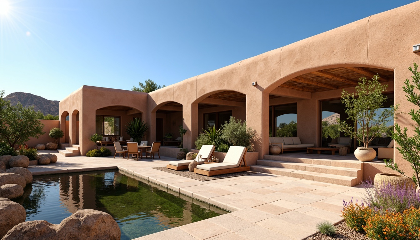 Prompt: Southwestern villa, adobe-style architecture, earthy tones, stucco walls, terracotta roofs, large windows, sliding glass doors, clerestory windows, high ceilings, open floor plans, minimal obstruction, bright interior spaces, natural light pouring in, warm ambiance, desert landscape views, cactus plants, hot sunny day, clear blue sky, vast open space, outdoor living areas, shaded patios, water features, koi ponds, lush greenery, vibrant flowers, rustic wooden furniture, woven textiles, earthy color palette, soft warm lighting, shallow depth of field, 3/4 composition, panoramic view, realistic textures, ambient occlusion.