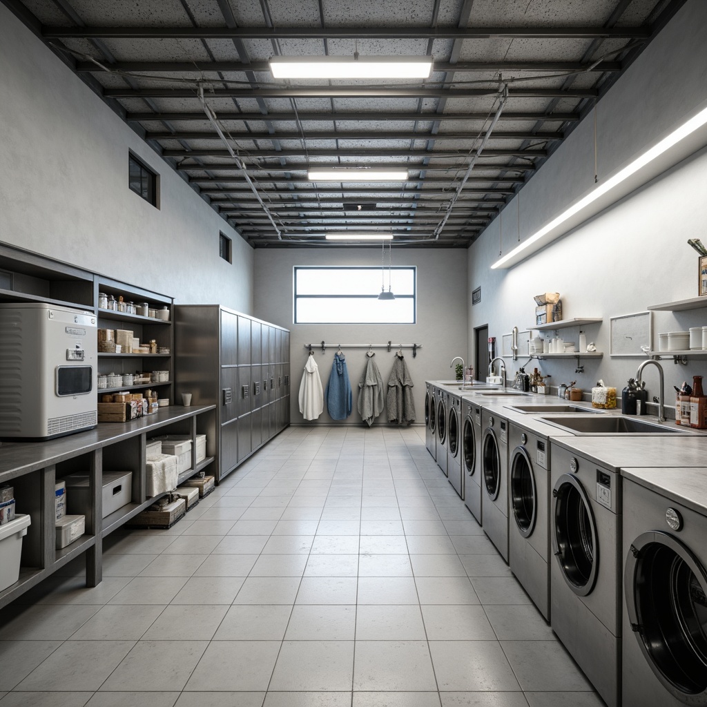 Prompt: Industrial laundry room, stainless steel countertops, scratch-resistant surfaces, easy cleaning, durable materials, modern appliances, washing machines, dryers, ironing boards, storage cabinets, functional layout, bright LED lighting, neutral color scheme, porcelain floor tiles, utility sinks, faucet fixtures, ample counter space, 3/4 composition, realistic textures.