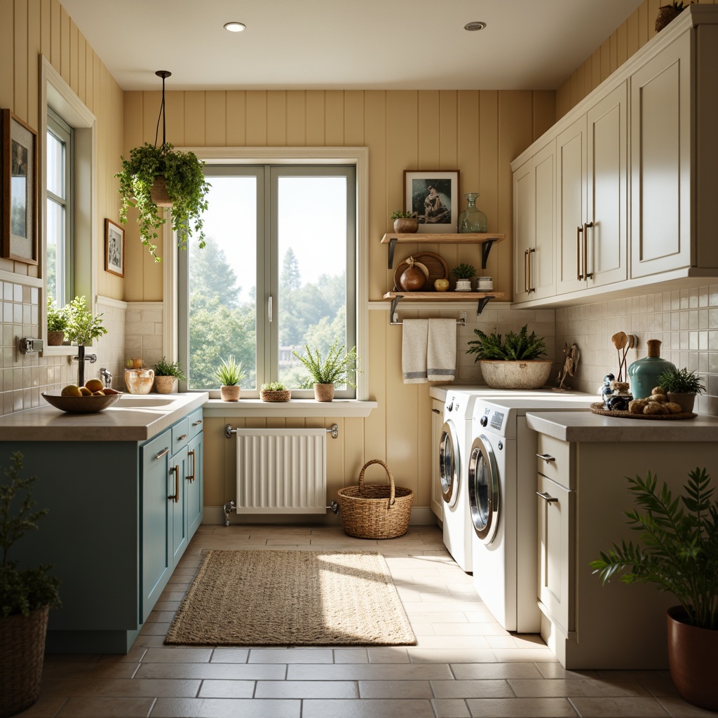 Prompt: Cozy laundry room, warm beige walls, soft creamy cabinets, calming blue undertones, crisp white countertops, modern appliances, sleek metal accents, gentle pastel hues, fresh greenery, natural light pouring in, airy feel, casual country style, vintage decorative elements, distressed wood textures, warm ambient lighting, shallow depth of field, 1/1 composition, realistic fabrics, soft focus.