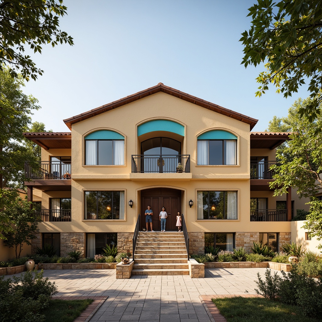 Prompt: Earth-toned community center, rustic wooden accents, warm beige stucco, vibrant turquoise trim, natural stone foundations, terracotta roof tiles, lush greenery, mature trees, sunny day, soft warm lighting, shallow depth of field, 3/4 composition, panoramic view, realistic textures, ambient occlusion.